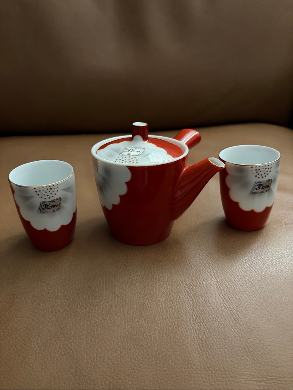 Antique Red and White Ceramic China Teapot Set with Five Cups